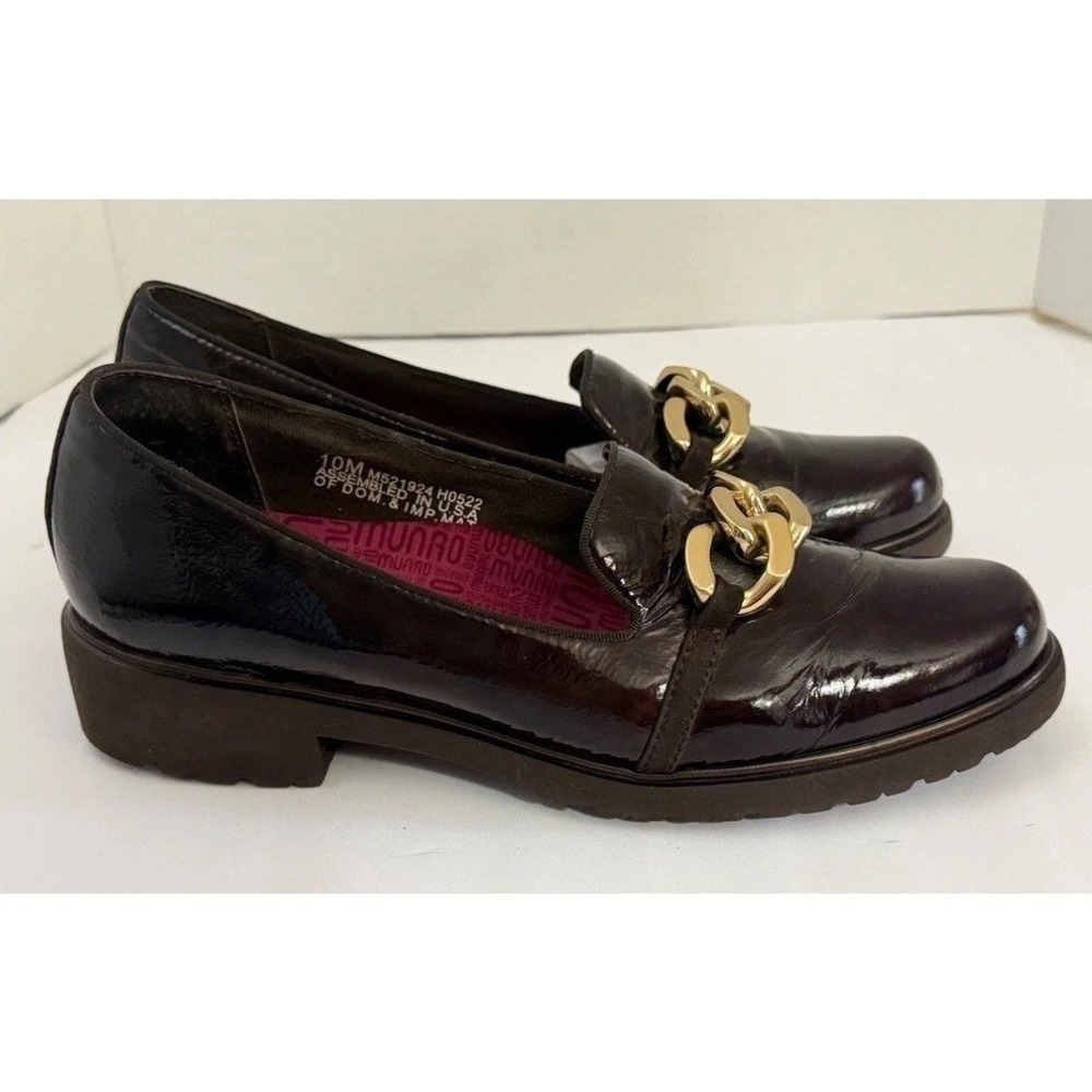 Munro American Dark Brown Patent Leather Chain Link Lug Sole Loafers 10M 10